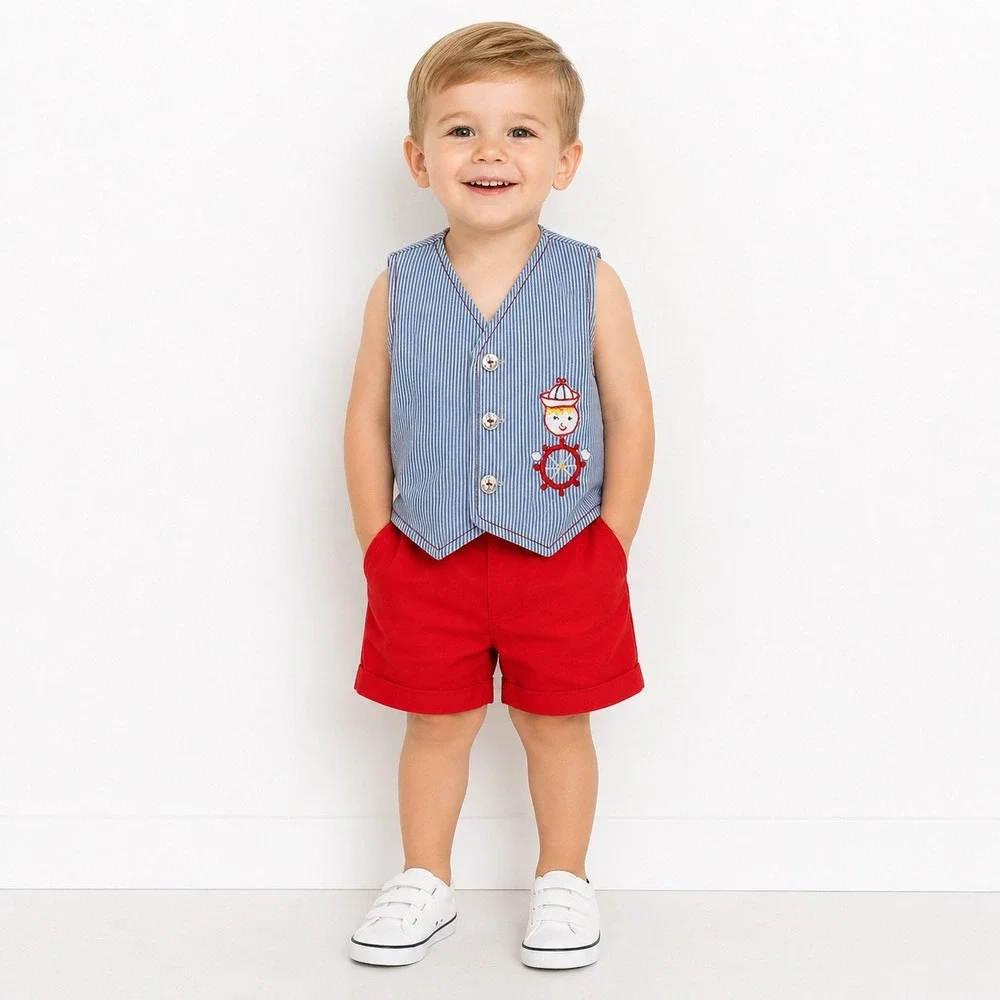 Vintage‎ Kids Vest Blue White Nautical Seersucker Embroidered Sailor 2T